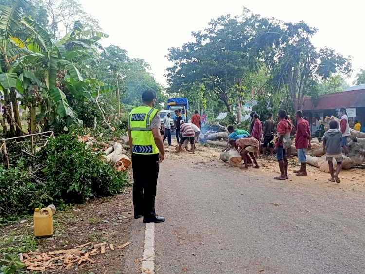 Bersihkan Jalan  Raya dari Pohon Tumbang, Polsek Polen Melaksanakan Pegamanan Dan  Gatur Lalin
